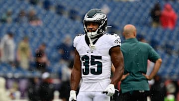 Philadelphia Eagles running back Boston Scott (35) prepares during the warm-up period before a game against the New England Patriots at Gillette Stadium.
