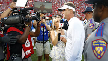 Sep 27, 2025; Oxford, Mississippi, USA; Mississippi Rebels head coach Lane Kiffin is interviewed by ESPN after defeating the LSU Tigers at Vaught-Hemingway Stadium. Mandatory Credit: Petre Thomas-Imagn Images