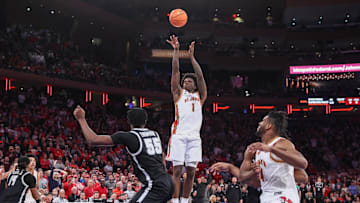 Feb 1, 2025; New York, New York, USA;  St. John's basketball guard Kadary Richmond (1) takes a jump shot to win the game against the Providence Friars 68-66 at Madison Square Garden. 