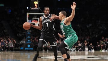 Dec 4, 2022; Brooklyn, New York, USA;  Brooklyn Nets forward Kevin Durant (7) looks to drive past