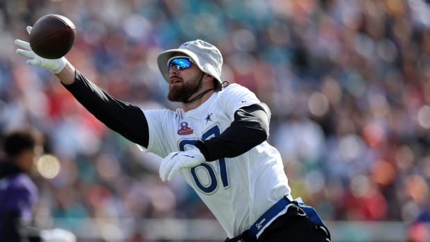  NFC tight end Jake Ferguson of the Dallas Cowboys makes a catch during the 2024 Pro Bowl at Camping World Stadium.