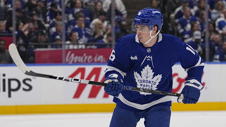 Apr 20, 2025; Toronto, Ontario, CAN; Toronto Maple Leafs forward Mitch Marner (16) skates against the Ottawa Senators during the second period of game one of the first round of the 2025 Stanley Cup Playoffs at Scotiabank Arena. Mandatory Credit: John E. Sokolowski-Imagn Images