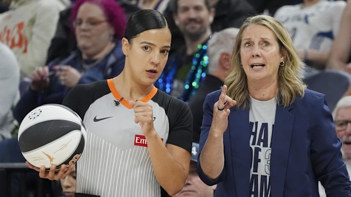 Minnesota Lynx head coach Cheryl Reeve questions referee Blanca Burns on a call in the first quarter of the game with the Los Angeles Sparks at Target Center.