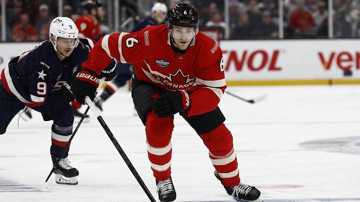 Feb 20, 2025; Boston, MA, USA; [Imagn Images direct customers only] Team Canada defenseman Travis Sanheim (6) during the 4 Nations Face-Off ice hockey championship game against the United States at TD Garden.