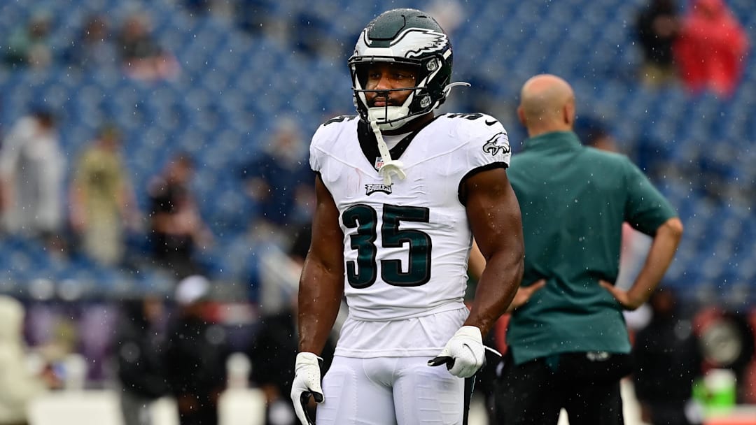 Sep 10, 2023; Foxborough, Massachusetts, USA; Philadelphia Eagles running back Boston Scott (35) prepares during the warm-up period before a game against the New England Patriots at Gillette Stadium. Mandatory Credit: Eric Canha-Imagn Images