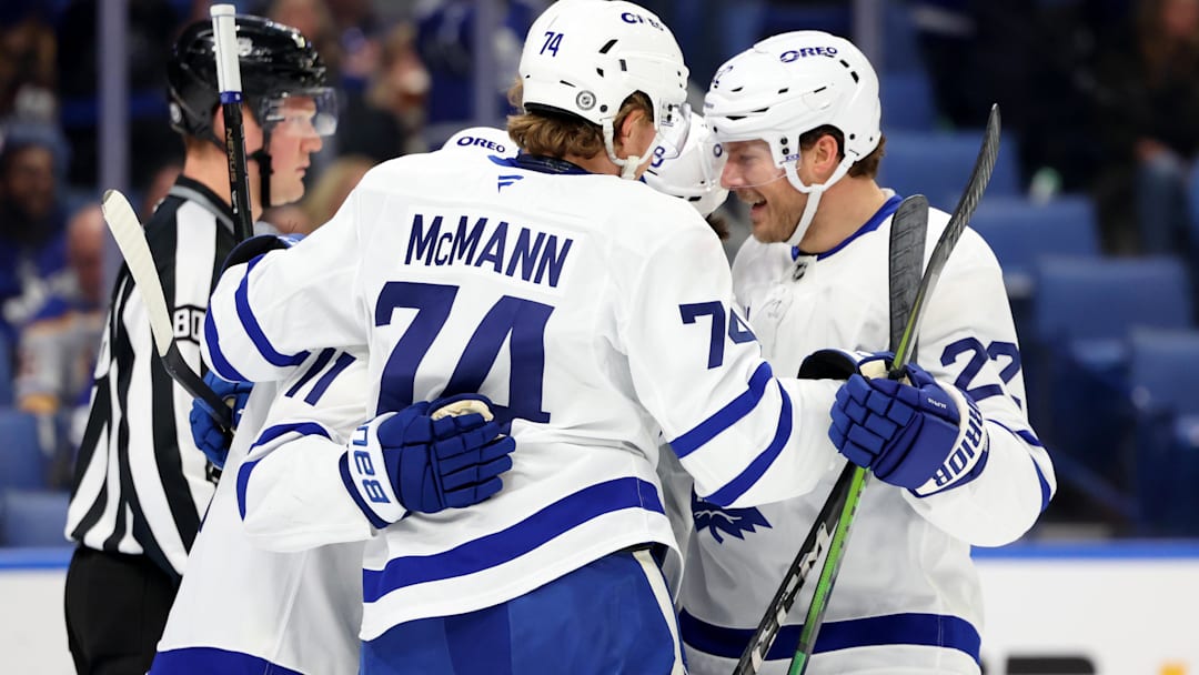 Dec 20, 2024; Buffalo, New York, USA;  Toronto Maple Leafs center Bobby McMann (74) celebrates his goal with teammates during the first period against the Buffalo Sabres at KeyBank Center. Mandatory Credit: Timothy T. Ludwig-Imagn Images
