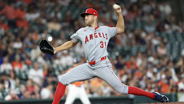 Aug 29, 2025; Houston, Texas, USA; Los Angeles Angels starting pitcher Tyler Anderson (31) pitches against the Houston Astros in the first inning at Daikin Park. Mandatory Credit: Thomas Shea-Imagn Images