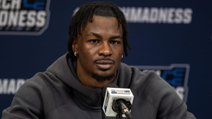 Mar 21, 2024; Indianapolis, IN, USA; Texas Christian University Horned Frogs forward Emanuel Miller (2) talks to the media during the practice day at Gainbridge FieldHouse. Mandatory Credit: Trevor Ruszkowski-USA TODAY Sports