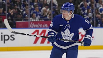 Apr 20, 2025; Toronto, Ontario, CAN; Toronto Maple Leafs forward Mitch Marner (16) skates against the Ottawa Senators during the second period of game one of the first round of the 2025 Stanley Cup Playoffs at Scotiabank Arena. Mandatory Credit: John E. Sokolowski-Imagn Images