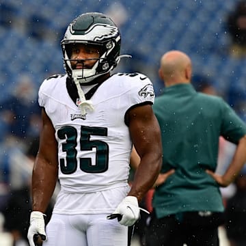 Sep 10, 2023; Foxborough, Massachusetts, USA; Philadelphia Eagles running back Boston Scott (35) prepares during the warm-up period before a game against the New England Patriots at Gillette Stadium. Mandatory Credit: Eric Canha-Imagn Images