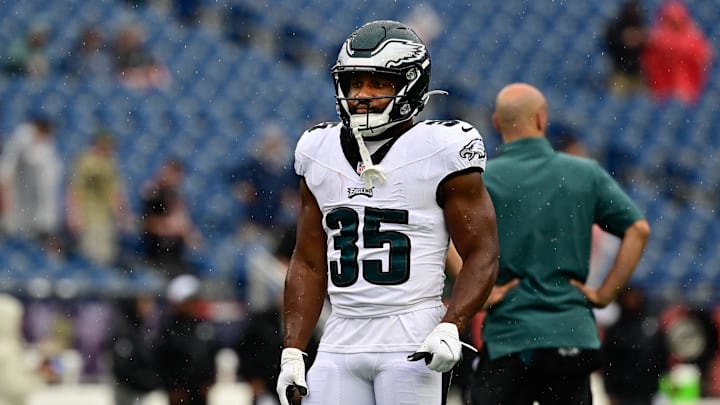 Sep 10, 2023; Foxborough, Massachusetts, USA; Philadelphia Eagles running back Boston Scott (35) prepares during the warm-up period before a game against the New England Patriots at Gillette Stadium. Mandatory Credit: Eric Canha-Imagn Images