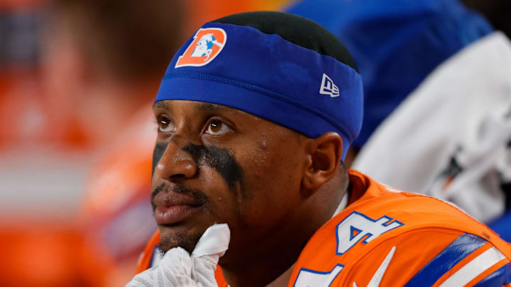 Jan 4, 2026; Denver, Colorado, USA; Denver Broncos wide receiver Courtland Sutton (14) in the fourth quarter against the Los Angeles Chargers at Empower Field at Mile High. Mandatory Credit: Isaiah J. Downing-Imagn Images