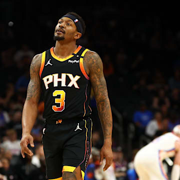 Apr 9, 2025; Phoenix, Arizona, USA; Phoenix Suns guard Bradley Beal (3) reacts against the Oklahoma City Thunder during the second half at Footprint Center. Mandatory Credit: Mark J. Rebilas-Imagn Images
