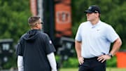 Cincinnati Bengals Trey Hendrickson makes an appearance at practice, Tuesday, May 13, 2025, at Kettering Health Practice Fields in Downtown Cincinnati.