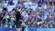 United States goalkeeper Alyssa Naeher makes a save against Brazil during the second half of the women's soccer gold medal match at the 2024 Paris Olympics. 