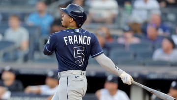 Aug 2, 2023; Bronx, New York, USA; Tampa Bay Rays shortstop Wander Franco (5) follows through on a two run home run against the New York Yankees during the first inning at Yankee Stadium. Mandatory Credit: Brad Penner-USA TODAY Sports