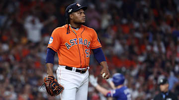 Oct 22, 2023; Houston, Texas, USA; Houston Astros starting pitcher Framber Valdez (59) reacts after