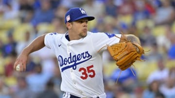 Jul 19, 2024; Los Angeles, California, USA;  Los Angeles Dodgers pitcher Gavin Stone (35) delivers to the plate in the first inning against the Boston Red Sox at Dodger Stadium. Mandatory Credit: Jayne Kamin-Oncea-USA TODAY Sports