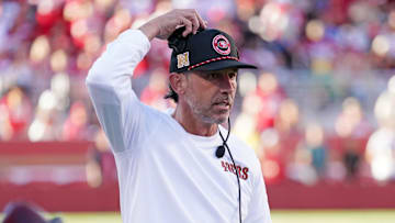 Sep 9, 2024; Santa Clara, California, USA; San Francisco 49ers head coach Kyle Shanahan on the sideline during the second quarter against the New York Jets at Levi's Stadium. Mandatory Credit: David Gonzales-Imagn Images