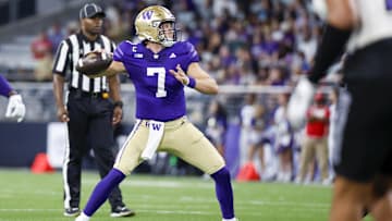 Aug 31, 2024; Seattle, Washington, USA; Washington Huskies quarterback Will Rogers (7) passes against the Weber State Wildcats during the third quarter at Alaska Airlines Field at Husky Stadium. Mandatory Credit: Joe Nicholson-Imagn Images