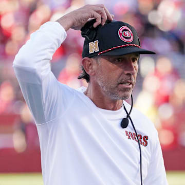 Sep 9, 2024; Santa Clara, California, USA; San Francisco 49ers head coach Kyle Shanahan on the sideline during the second quarter against the New York Jets at Levi's Stadium. Mandatory Credit: David Gonzales-Imagn Images