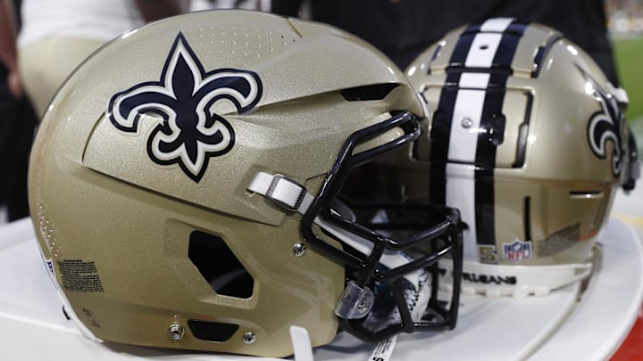 Aug 19, 2022; Green Bay, Wisconsin, USA;  New Orleans Saints helmets during the game against the Green Bay Packers at Lambeau Field. Mandatory Credit: Jeff Hanisch-Imagn Images