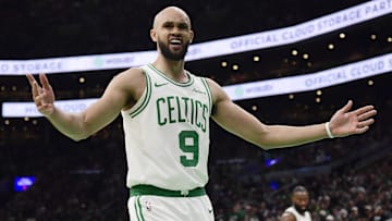Apr 20, 2025; Boston, Massachusetts, USA;  Boston Celtics guard Derrick White (9) reacts after a non call during the second half against the Orlando Magic at TD Garden. Mandatory Credit: Bob DeChiara-Imagn Images