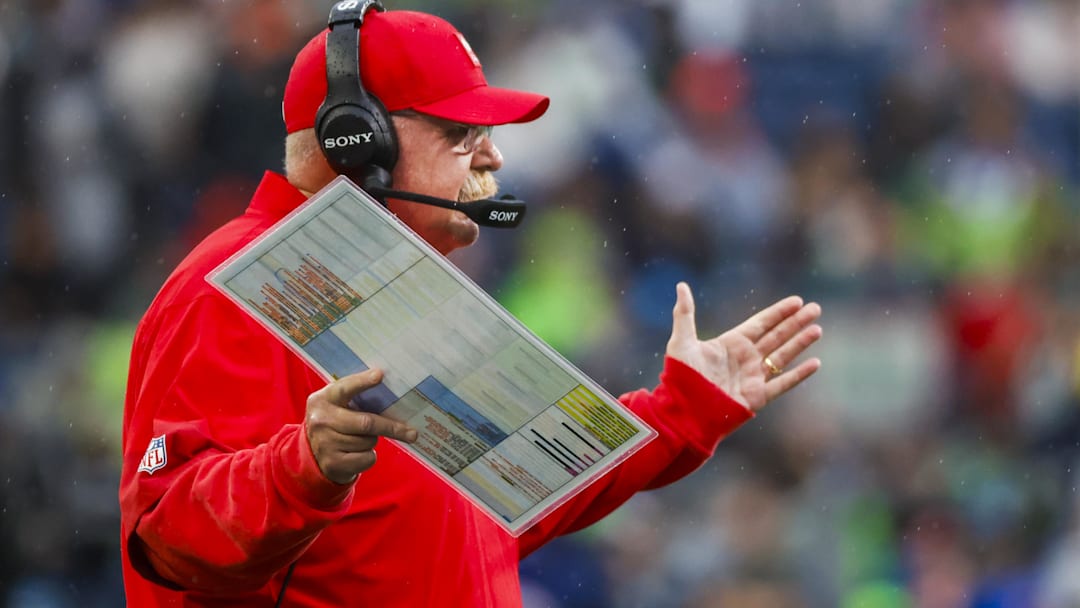 Kansas City Chiefs head coach Andy Reid reacts to a fourth-down stop by the Seattle Seahawks during the first quarter at Lumen Field.