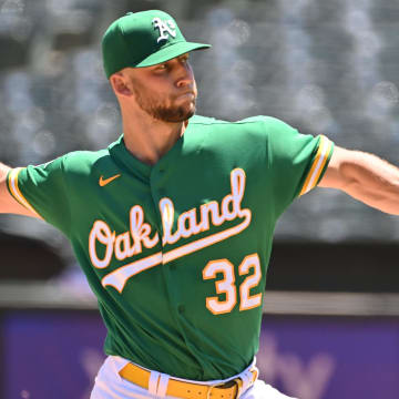 May 13, 2023; Oakland, California, USA; Oakland Athletics starting pitcher James Kaprielian (32) throws a pitch against the Texas Rangers during the first inning at Oakland-Alameda County Coliseum. Mandatory Credit: Robert Edwards-USA TODAY Sports
