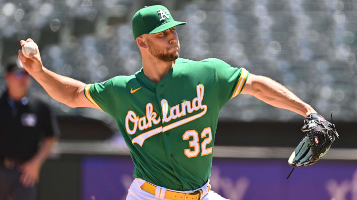 May 13, 2023; Oakland, California, USA; Oakland Athletics starting pitcher James Kaprielian (32) throws a pitch against the Texas Rangers during the first inning at Oakland-Alameda County Coliseum. Mandatory Credit: Robert Edwards-USA TODAY Sports