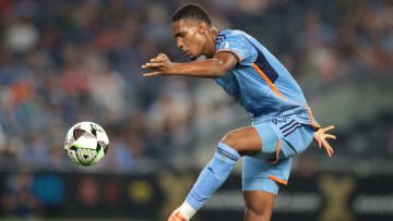 Jul 28, 2024; Bronx, New York, USA; New York City FC defender Christian McFarlane (18) kicks the ball during the first half against Queretaro FC at Yankee Stadium. Mandatory Credit: Vincent Carchietta-USA TODAY Sports