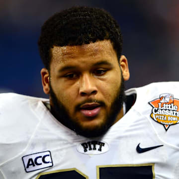 Dec 26, 2013; Detroit, MI, USA; Pittsburgh Panthers defensive lineman Aaron Donald (97) during the Little Caesars Pizza Bowl against the Bowling Green Falcons at Ford Field. Pittsburgh Panthers defeated Bowling Green Falcons 30-27. Mandatory Credit: Andrew Weber-Imagn Images