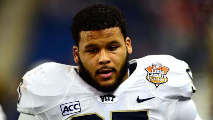 Dec 26, 2013; Detroit, MI, USA; Pittsburgh Panthers defensive lineman Aaron Donald (97) during the Little Caesars Pizza Bowl against the Bowling Green Falcons at Ford Field. Pittsburgh Panthers defeated Bowling Green Falcons 30-27. Mandatory Credit: Andrew Weber-Imagn Images