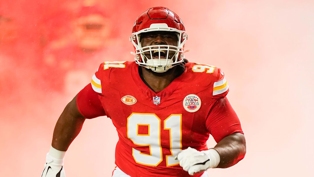 Nov 20, 2023; Kansas City, Missouri, USA; Kansas City Chiefs defensive tackle Derrick Nnadi (91) takes the field prior to a game against the Philadelphia Eagles at GEHA Field at Arrowhead Stadium. Mandatory Credit: Jay Biggerstaff-Imagn Images