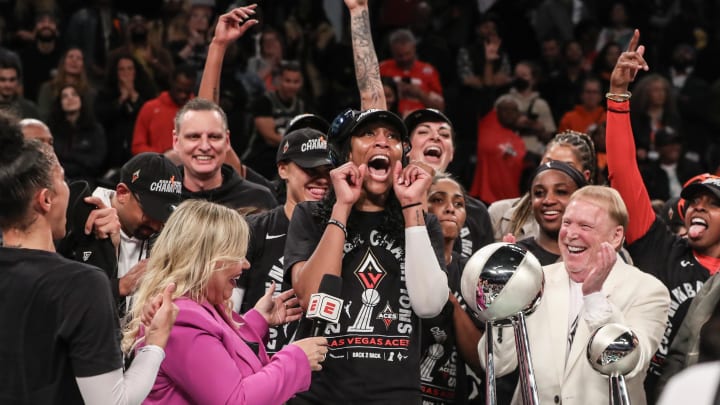 Oct 18, 2023; Brooklyn, New York, USA; The Las Vegas Aces celebrate after defeating the New York Liberty to win the 2023 WNBA Finals at Barclays Center. 