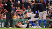 Jun 16, 2024; Boston, Massachusetts, USA; New York Yankees first baseman Anthony Rizzo (48) is checked by medical staff during the seventh inning at Fenway Park. Mandatory Credit: Eric Canha-USA TODAY Sports