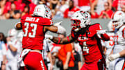 Oct 4, 2025; Raleigh, North Carolina, USA; NC State Wolfpack defensive end Tra Thomas (4) and linebacker Jr. Kenny Soares (33) celebrate a tackle during the first half of the game against Campbell Fighting Camels at Carter-Finley Stadium. Mandatory Credit: Jaylynn Nash-Imagn Images