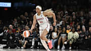 May 23, 2025; Las Vegas, Nevada, USA; Washington Mystics forward Kiki Iriafen (44) dribbles the ball against the Las Vegas Aces in the fourth quarter of the game at Michelob Ultra Arena. Mandatory Credit: Candice Ward-Imagn Images