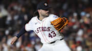 Jun 28, 2025; Houston, Texas, USA; Houston Astros starting pitcher Lance McCullers Jr. (43) delivers a pitch during the second inning against the Chicago Cubs at Daikin Park.