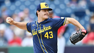 May 14, 2025; Cleveland, Ohio, USA; Milwaukee Brewers starting pitcher Logan Henderson (43) throws a pitch during the first inning against the Cleveland Guardians at Progressive Field. Mandatory Credit: Ken Blaze-Imagn Images