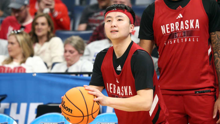 Mar 21, 2024; Memphis, TN, USA; Nebraska Cornhuskers guard Keisei Tominaga (30) shoots during practice for the NCAA Tournament First Round at FedExForum. Mandatory Credit: Petre Thomas-USA TODAY Sports