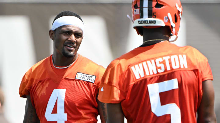 Aug 4, 2024; Cleveland Browns quarterback Deshaun Watson (4) with quarterback Jameis Winston (5) during practice at the Browns training facility in Berea, Ohio. Mandatory Credit: Bob Donnan-USA TODAY Sports