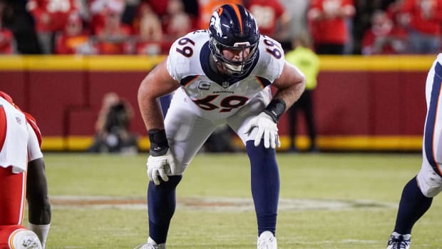 Denver Broncos offensive tackle Mike McGlinchey (69) competes during the game against the Kansas City Chiefs at GEHA Field.