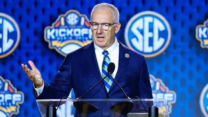 Jul 20, 2026; Tampa, FL, USA; SEC Commissioner Greg Sankey speaks to the press during SEC Football Kickoff Media Day at the Tampa Marriott. Mandatory Credit: Nathan Ray Seebeck-Imagn Images