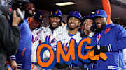 Oct 9, 2024; New York City, New York, USA; New York Mets shortstop Francisco Lindor (12) celebrates his grand slam home run against the Philadelphia Phillies with starting pitcher Sean Manaea (59) and right fielder Tyrone Taylor (15) and right fielder Starling Marte (6) and catcher Francisco Alvarez (4) and starting pitcher Luis Severino (40) during the sixth inning of game four of the NLDS during the 2024 MLB Playoffs at Citi Field. 