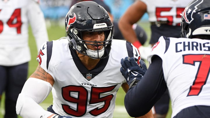 Nov 21, 2021; Nashville, Tennessee, USA;  Houston Texans defensive end Derek Rivers (95) goes through drills against the Tennessee Titans during pre-game warm ups at Nissan Stadium. Mandatory Credit: Steve Roberts-USA TODAY Sports