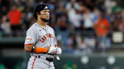 San Francisco Giants center fielder Luis Matos (29) stands on second after hitting a double during the game against the Athletics at Sutter Health Park. 