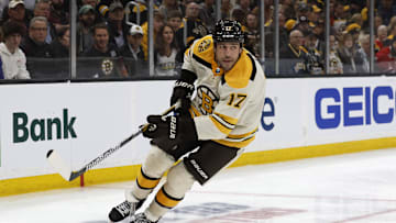Oct 11, 2023; Boston, Massachusetts, USA; Boston Bruins left wing Milan Lucic (17) against the Chicago Blackhawks during the second period at TD Garden. Mandatory Credit: Winslow Townson-Imagn Images