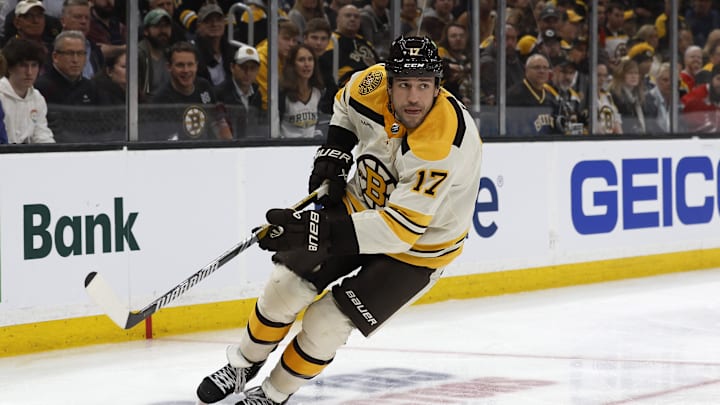 Oct 11, 2023; Boston, Massachusetts, USA; Boston Bruins left wing Milan Lucic (17) against the Chicago Blackhawks during the second period at TD Garden. Mandatory Credit: Winslow Townson-Imagn Images Oct 11, 2023; Boston, Massachusetts, USA; Boston Bruins left wing Milan Lucic (17) against the Chicago Blackhawks during the second period at TD Garden. Mandatory Credit: Winslow Townson-Imagn Images