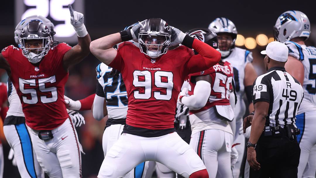 Atlanta Falcons defensive end Cameron Thomas (99) celebrates after a sack against the Carolina Panthers. Atlanta Falcons defensive end Cameron Thomas (99) celebrates after a sack against the Carolina Panthers.